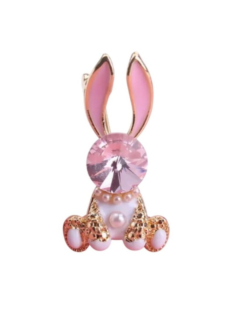 Cute Pink Bunny Lapel Pin With Rivoli Crystal & Imitation Pearls Gold Tone